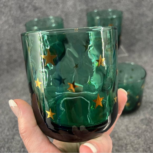 Vtg Set Of 4 Libbey Anchor Hocking Green Gold Stars Metropolitan Juniper Glasses - Picture 3 of 9